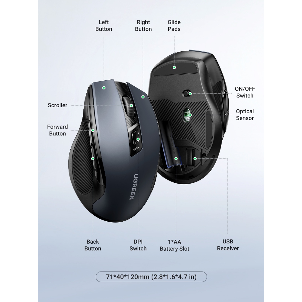 MOUSE INALAMBRICO 2.4GHZ ERGONOMICO NEGRO UGREEN MU006
